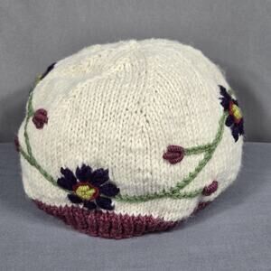 Ganesh Himal Hat Cap Fitted Womens One Size Cream Floral Beanie Wool Knit Nepal